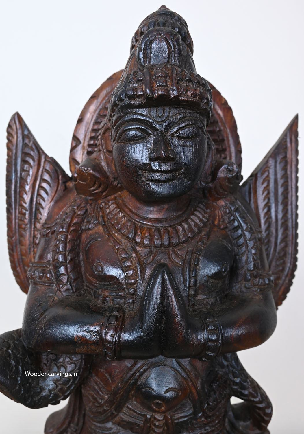 Standing Light Weight Showpiece of Lord Garudazhvar Say Namasthe Handcrafted Dark Brown Finishing Sculpture 18"