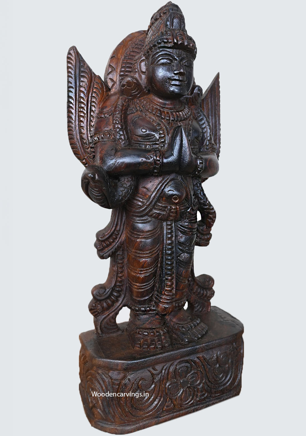 Standing Light Weight Showpiece of Lord Garudazhvar Say Namasthe Handcrafted Dark Brown Finishing Sculpture 18"