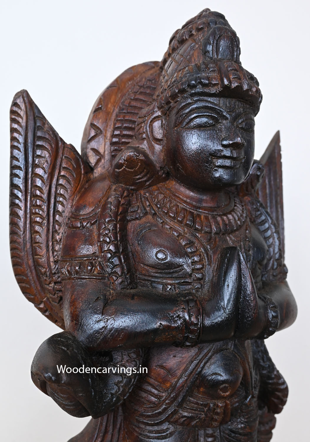 Standing Light Weight Showpiece of Lord Garudazhvar Say Namasthe Handcrafted Dark Brown Finishing Sculpture 18"