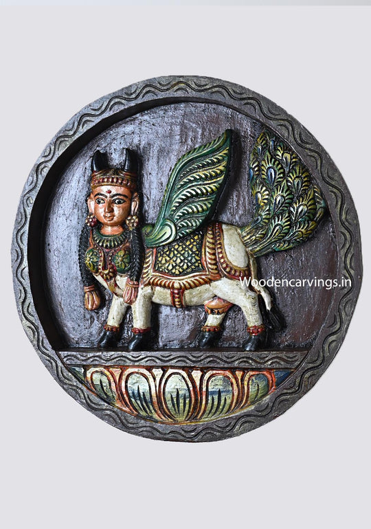 Round Circle Design Colourful Standing Kamadhenu Wall Decoration Wall Hanging Hooks Fixed Wooden Wall Mount 15"