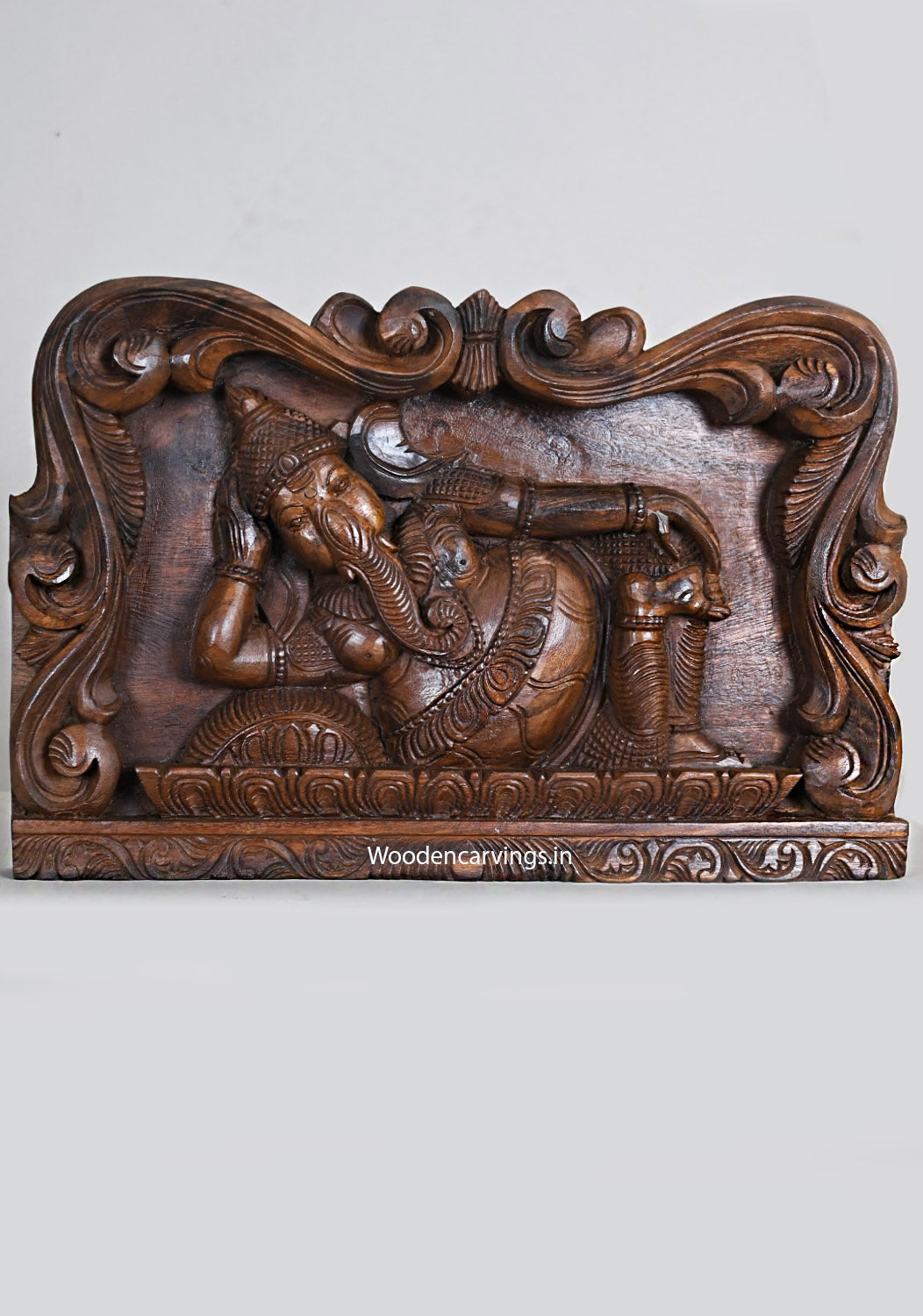 Wooden Lucky Prosperity Reclining Lord Ganapathy on Pillow Handcrafted Floral Design Wax Brown Finishing Wall Panel 18"