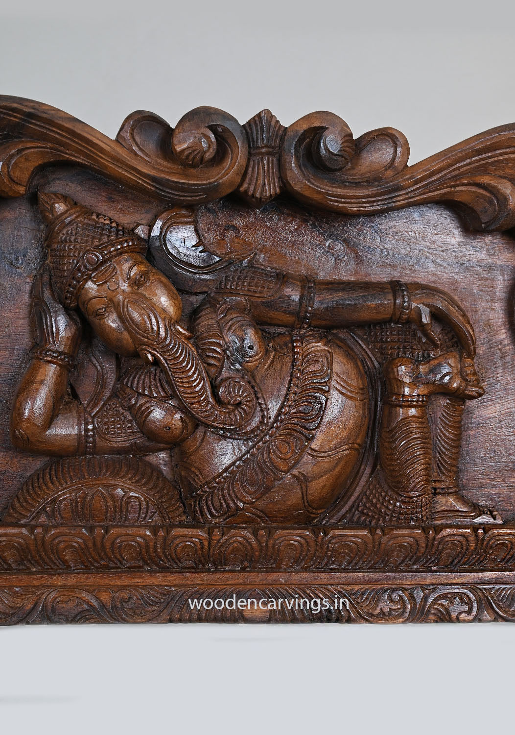 Wooden Lucky Prosperity Reclining Lord Ganapathy on Pillow Handcrafted Floral Design Wax Brown Finishing Wall Panel 18"