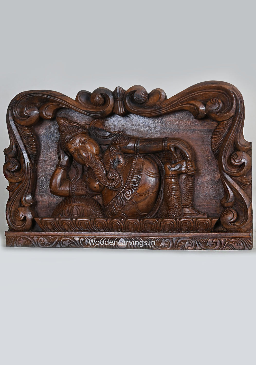 Wooden Lucky Prosperity Reclining Lord Ganapathy on Pillow Handcrafted Floral Design Wax Brown Finishing Wall Panel 18"