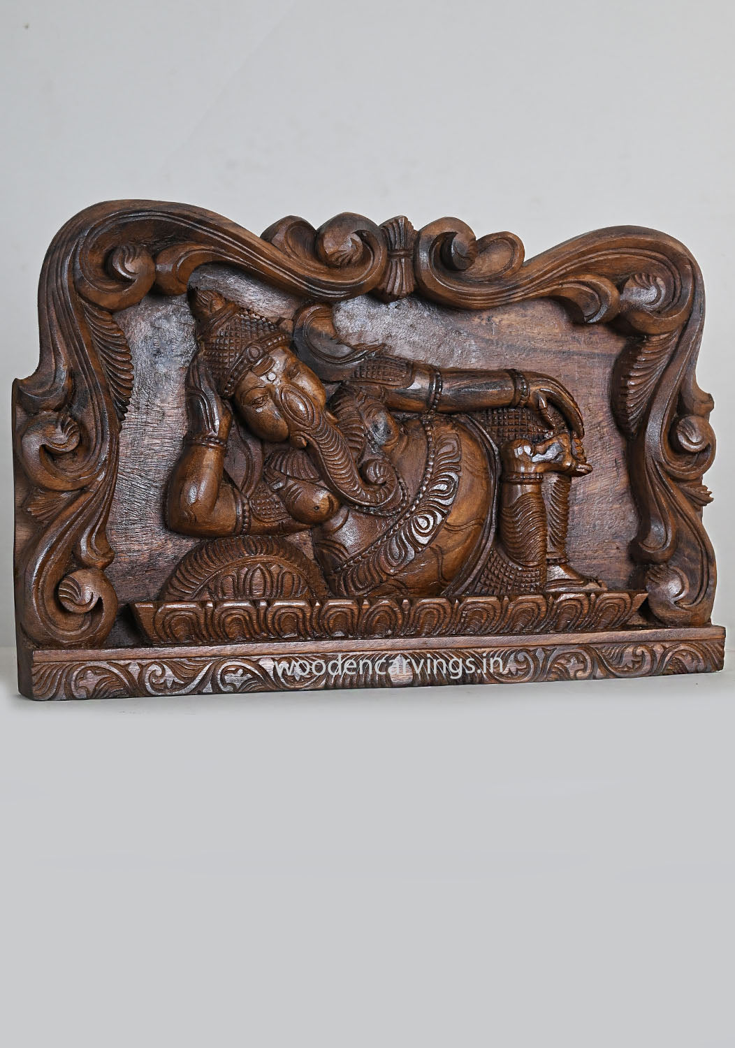 Wooden Lucky Prosperity Reclining Lord Ganapathy on Pillow Handcrafted Floral Design Wax Brown Finishing Wall Panel 18"