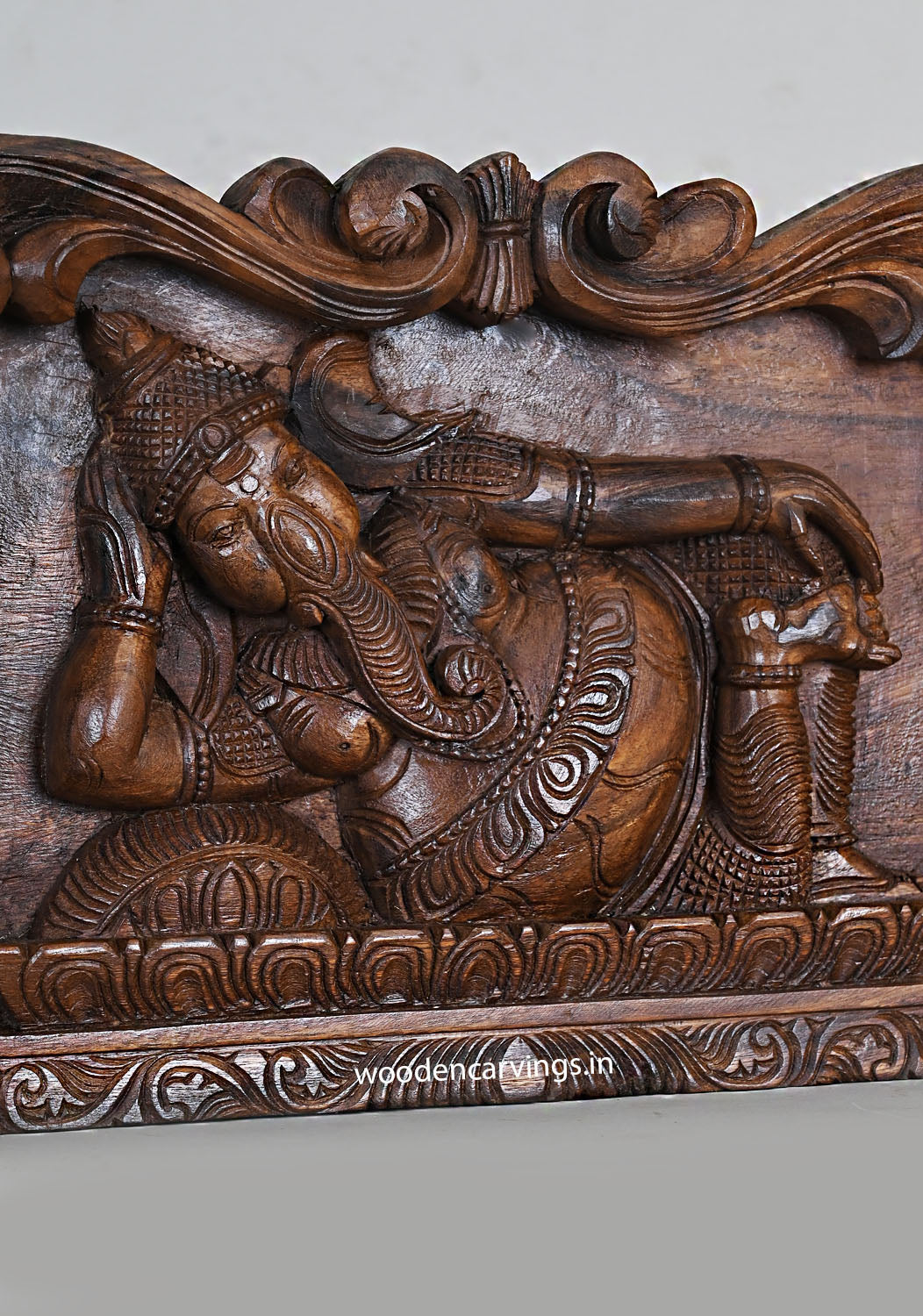 Wooden Lucky Prosperity Reclining Lord Ganapathy on Pillow Handcrafted Floral Design Wax Brown Finishing Wall Panel 18"