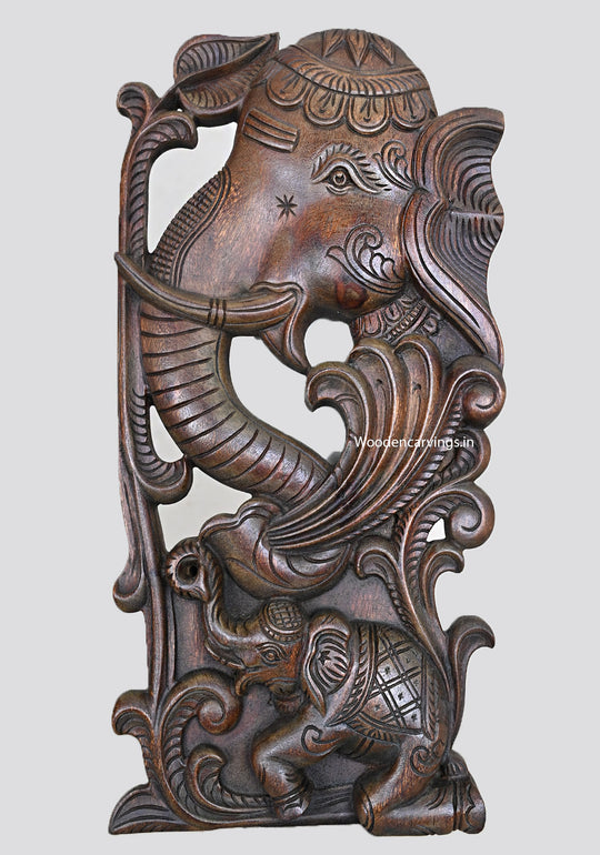 Vertical Wooden Elephant Hooks Fixed Wall Hanging Handmade Beautiful Artwork Wax Brown Finishing Wall Mount 24"