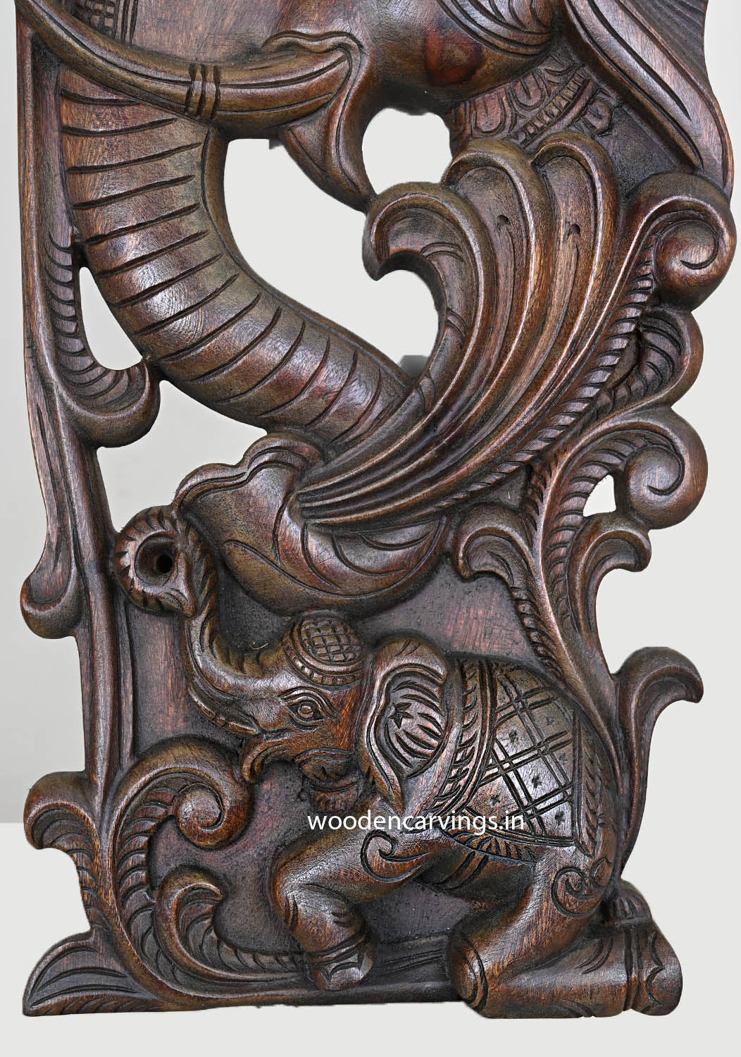 Vertical Wooden Elephant Hooks Fixed Wall Hanging Handmade Beautiful Artwork Wax Brown Finishing Wall Mount 24"