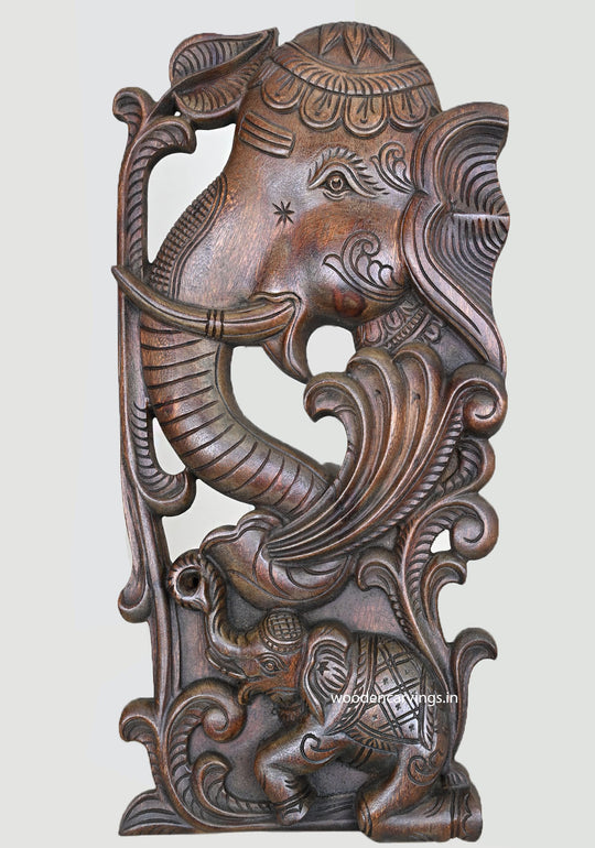 Vertical Wooden Elephant Hooks Fixed Wall Hanging Handmade Beautiful Artwork Wax Brown Finishing Wall Mount 24"