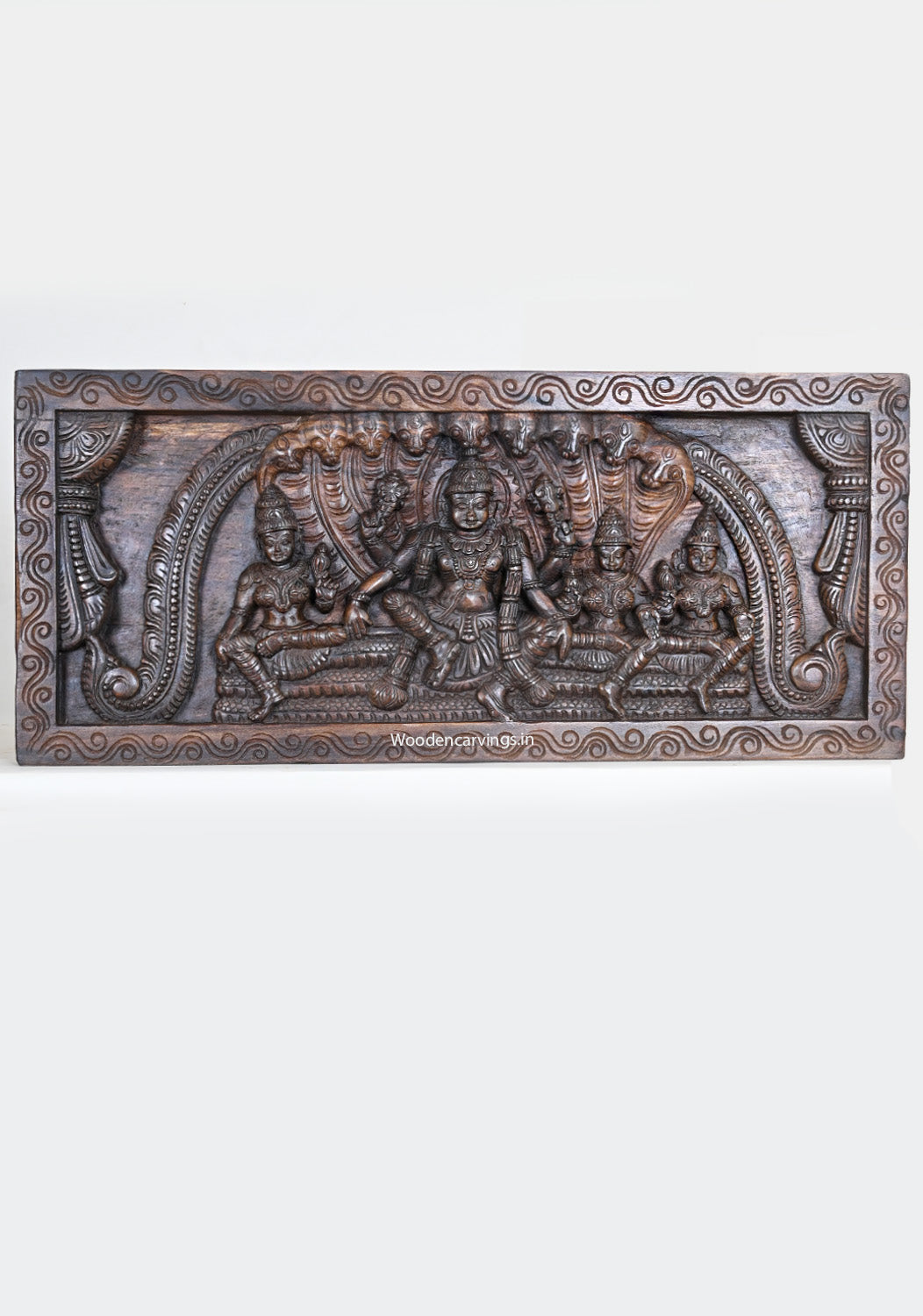 Wooden Horizontal Mahavishnu Briskly Seated With Propserity Mahalakshmi Wooden Wax Brown Hooks Fixed Wall Panel 32"