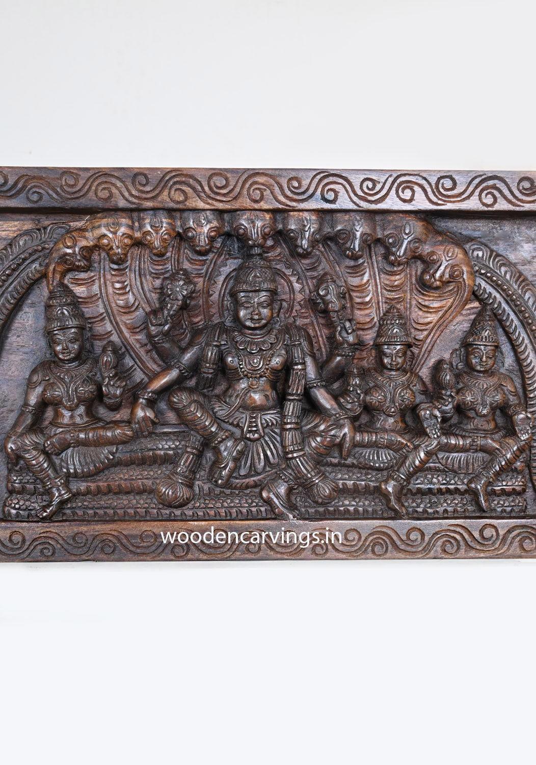 Wooden Horizontal Mahavishnu Briskly Seated With Propserity Mahalakshmi Wooden Wax Brown Hooks Fixed Wall Panel 32"