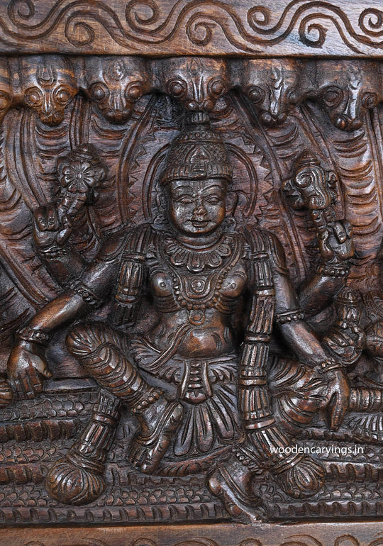 Wooden Horizontal Mahavishnu Briskly Seated With Propserity Mahalakshmi Wooden Wax Brown Hooks Fixed Wall Panel 32"