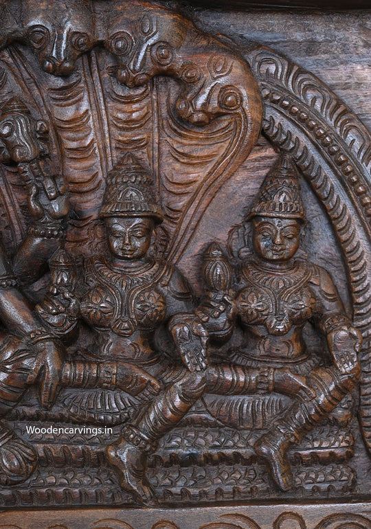 Wooden Horizontal Mahavishnu Briskly Seated With Propserity Mahalakshmi Wooden Wax Brown Hooks Fixed Wall Panel 32"