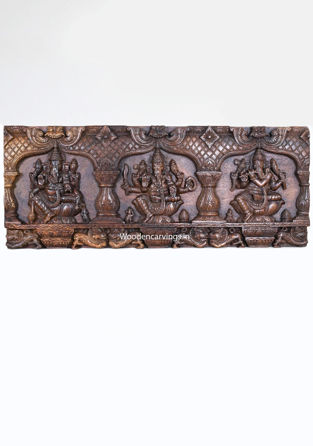 Horizontal Wall Hanging Three Unique Forms of Shad-bhuja Mahakala Ganapathy and Fluting Ganapathy Wooden Wall Panel 36"