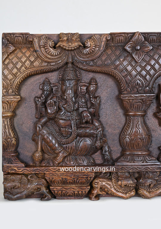 Horizontal Wall Hanging Three Unique Forms of Shad-bhuja Mahakala Ganapathy and Fluting Ganapathy Wooden Wall Panel 36"