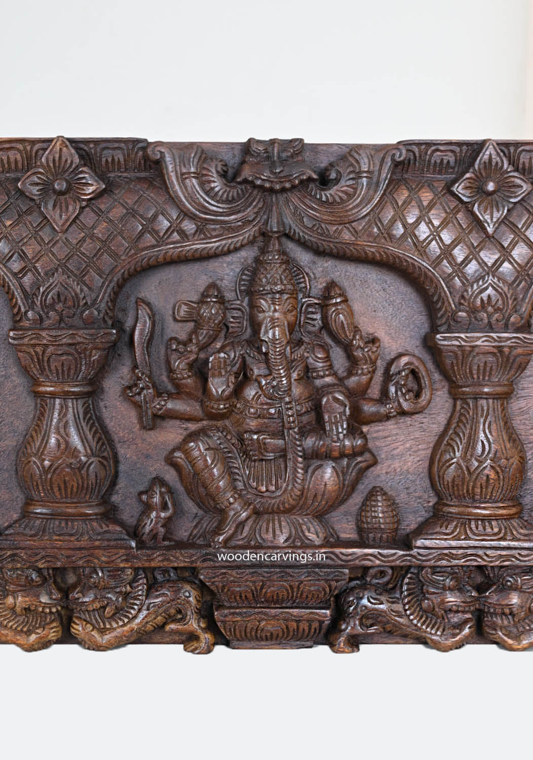 Horizontal Wall Hanging Three Unique Forms of Shad-bhuja Mahakala Ganapathy and Fluting Ganapathy Wooden Wall Panel 36"