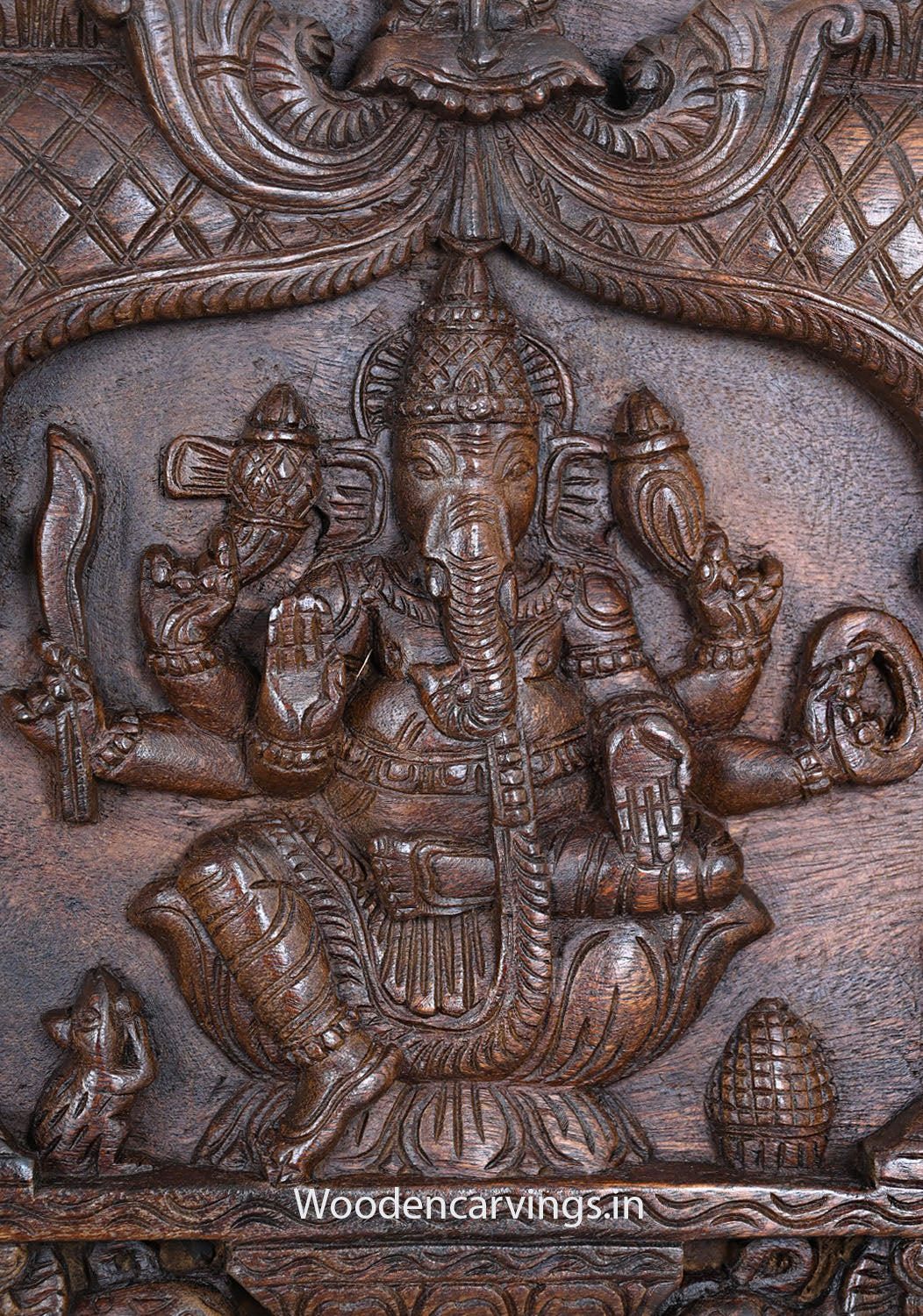 Horizontal Wall Hanging Three Unique Forms of Shad-bhuja Mahakala Ganapathy and Fluting Ganapathy Wooden Wall Panel 36"