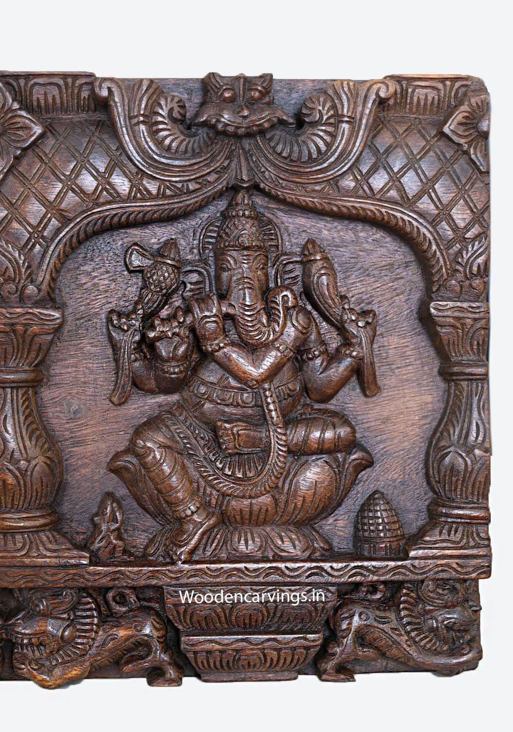 Horizontal Wall Hanging Three Unique Forms of Shad-bhuja Mahakala Ganapathy and Fluting Ganapathy Wooden Wall Panel 36"