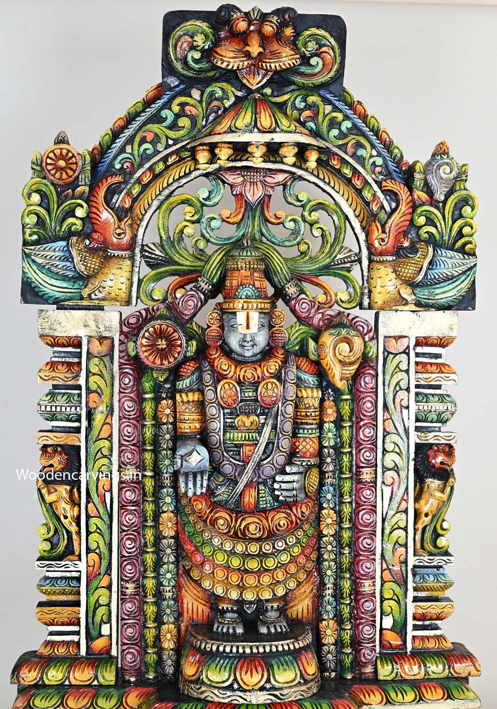 Divine Realistic Venkateshwara Tirupathi Balaji Briskly Standing on Base, With Arch and Pair Pillar Colourful Wooden Sculpture 44"