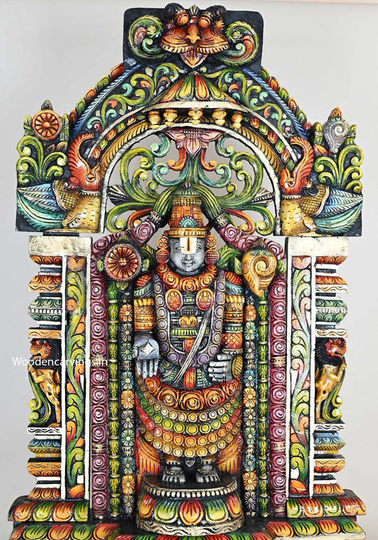 Colorful Lord Venkateswara Wooden Statue for Your Devotional Corner 44.5"