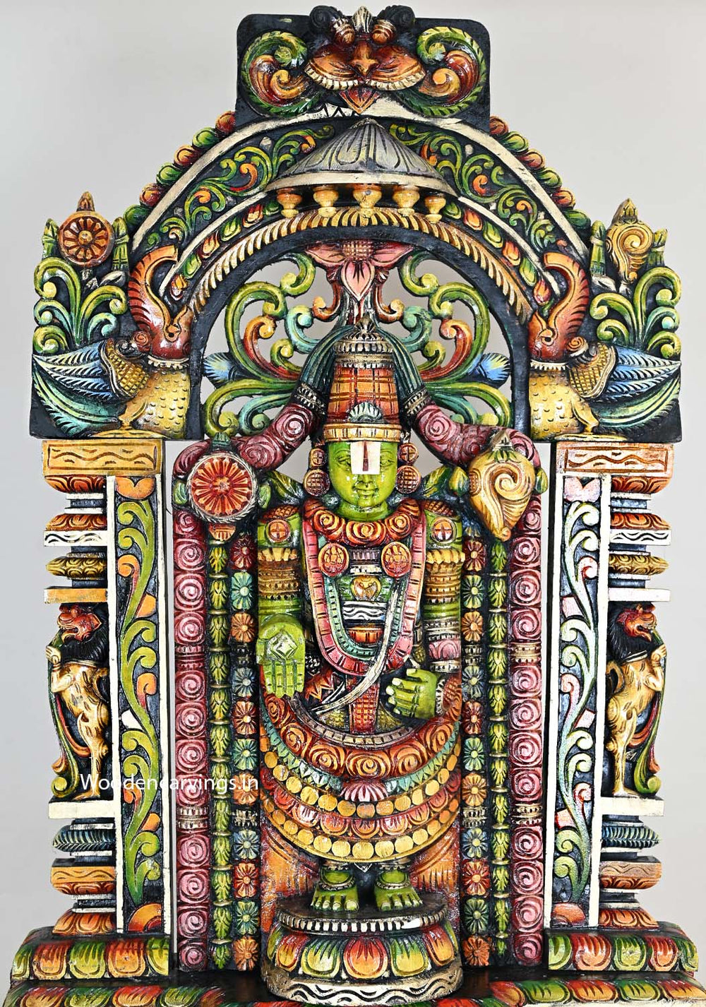 Godly Carved Shri Prosperity Venkateshwara Tirupathi Balaji Green Colour Finishing Handmade Beautiful Coloured Wooden Sculpture 44.5"