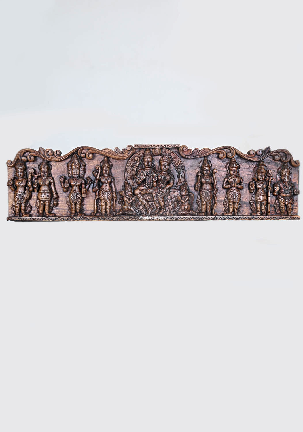 Wooden Horizontal Unique Auspicious Lord Ram With Goddess Sita, Bramma, Naratha, Ganesha and Lord Mahadev Wooden Wall Panel 48"