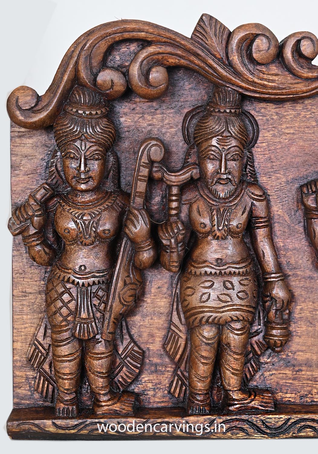 Wooden Horizontal Unique Auspicious Lord Ram With Goddess Sita, Bramma, Naratha, Ganesha and Lord Mahadev Wooden Wall Panel 48"