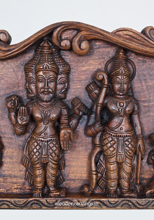 Wooden Horizontal Unique Auspicious Lord Ram With Goddess Sita, Bramma, Naratha, Ganesha and Lord Mahadev Wooden Wall Panel 48"