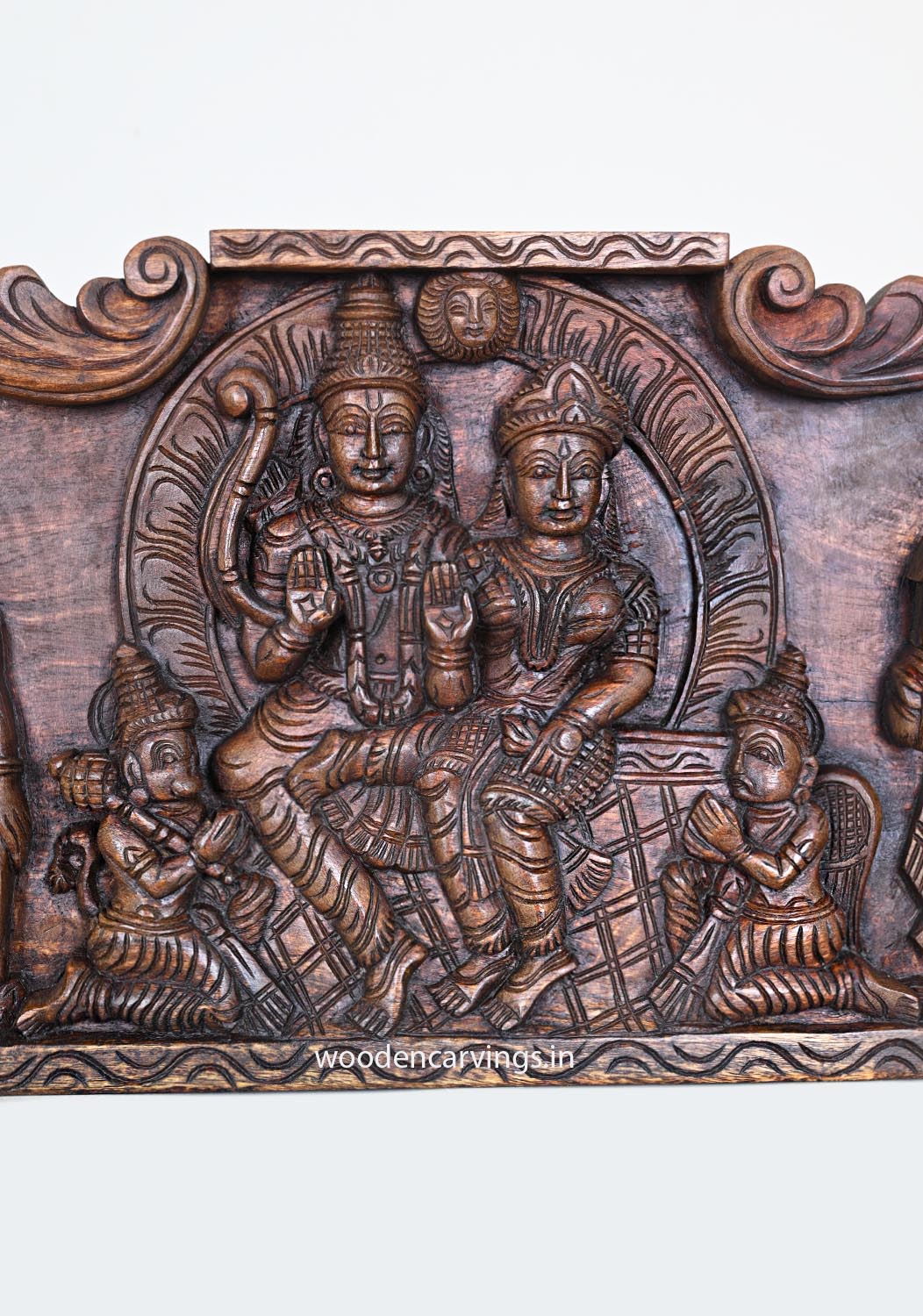 Wooden Horizontal Unique Auspicious Lord Ram With Goddess Sita, Bramma, Naratha, Ganesha and Lord Mahadev Wooden Wall Panel 48"