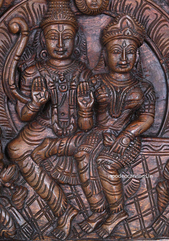 Wooden Horizontal Unique Auspicious Lord Ram With Goddess Sita, Bramma, Naratha, Ganesha and Lord Mahadev Wooden Wall Panel 48"