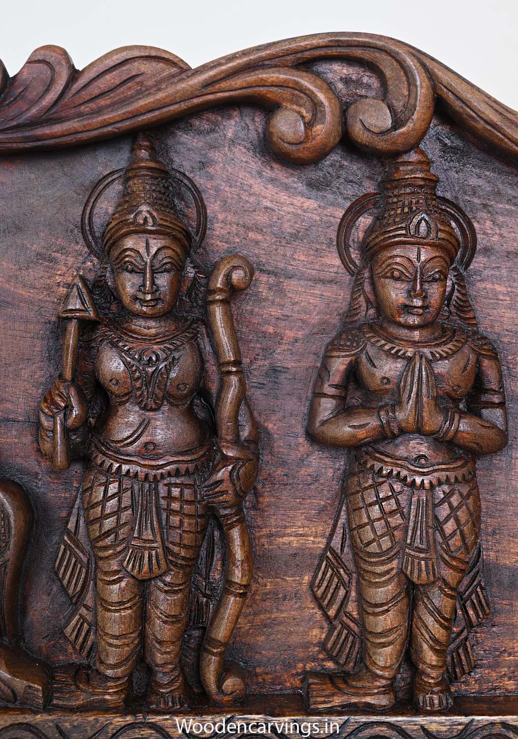 Wooden Horizontal Unique Auspicious Lord Ram With Goddess Sita, Bramma, Naratha, Ganesha and Lord Mahadev Wooden Wall Panel 48"