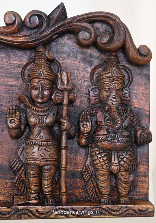 Wooden Horizontal Unique Auspicious Lord Ram With Goddess Sita, Bramma, Naratha, Ganesha and Lord Mahadev Wooden Wall Panel 48"