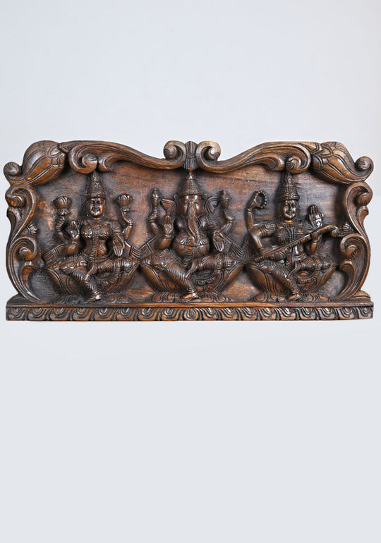 Wood Panel of Lord Ganesh, Lotus Lakshmi,Veena Saraswathi 24"