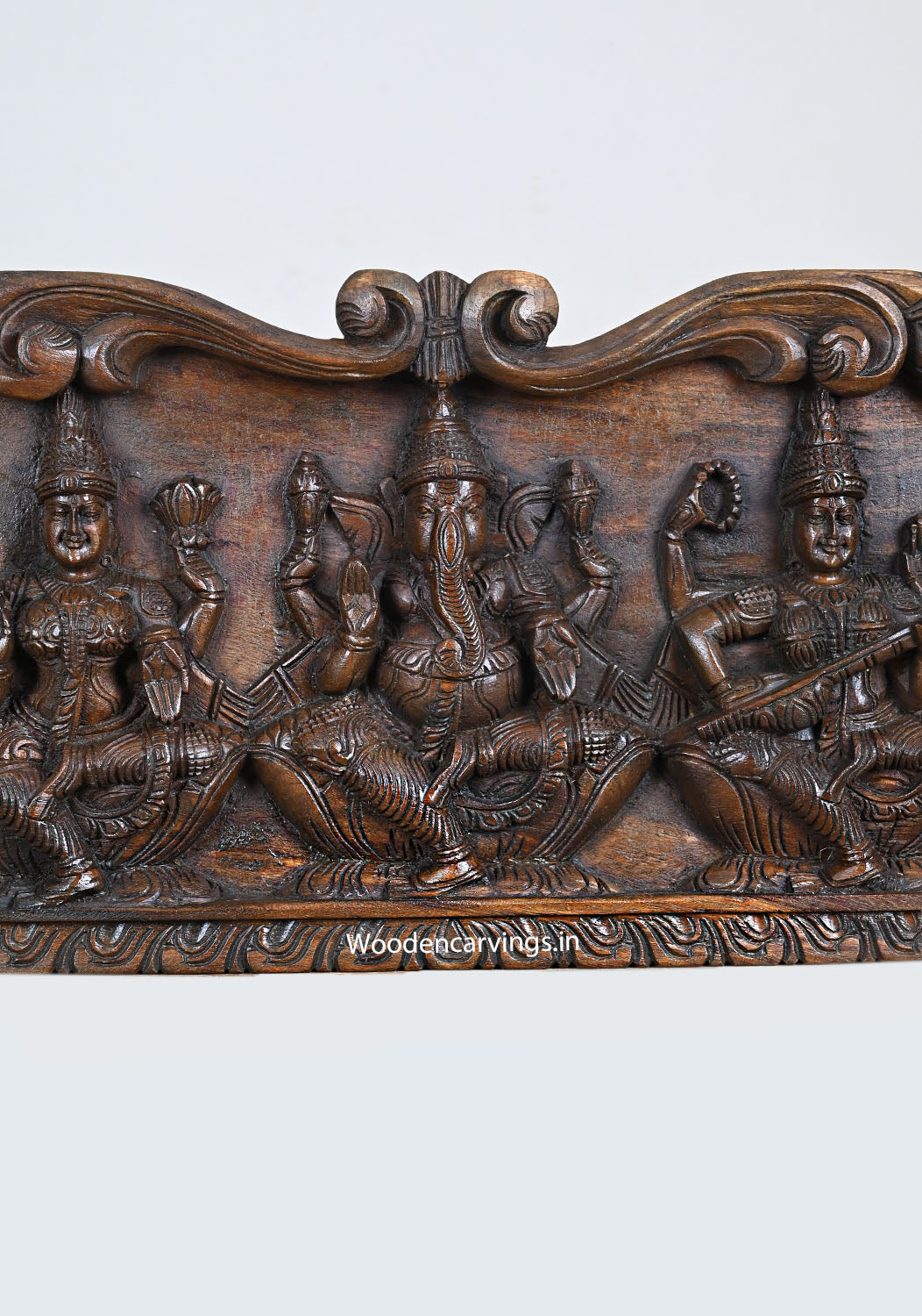 Wood Panel of Lord Ganesh, Lotus Lakshmi,Veena Saraswathi 24"