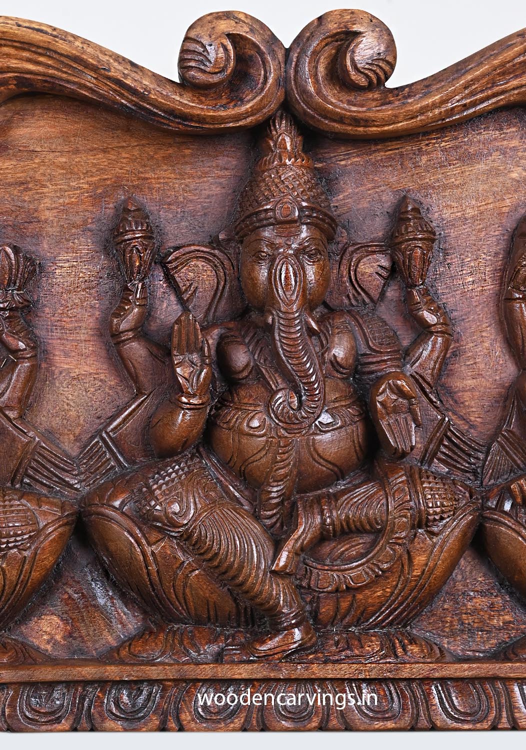 Floral Arch Wooden Ganesha Murti, Saraswati & Lakshmi Wall Panel 24"