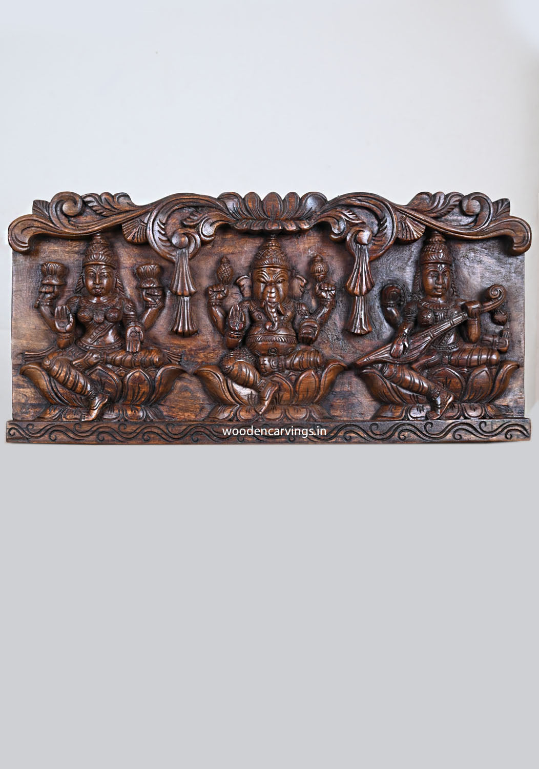 Lord Ganapathi & Goddess Lakshmi & Saraswathi Wood Panel 24"