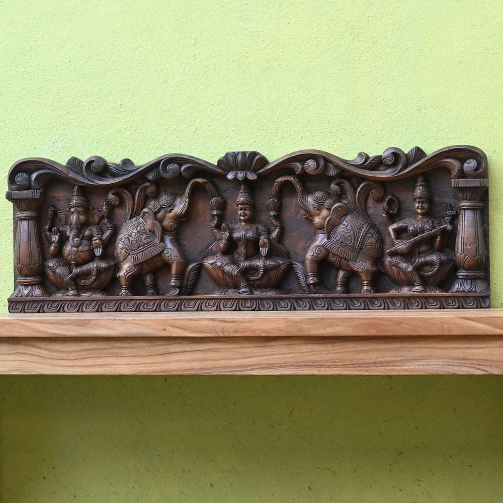 Gajalaskshmi Wood carving panel with Ganesh and Saraswathi