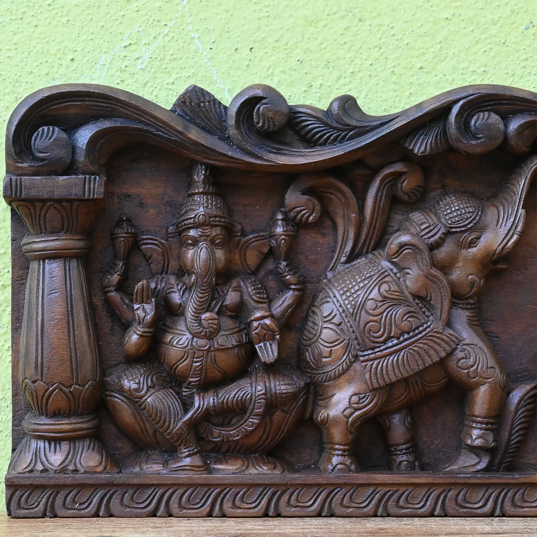 Gajalaskshmi Wood carving panel with Ganesh and Saraswathi