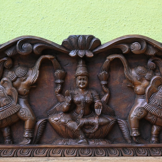 Gajalaskshmi Wood carving panel with Ganesh and Saraswathi