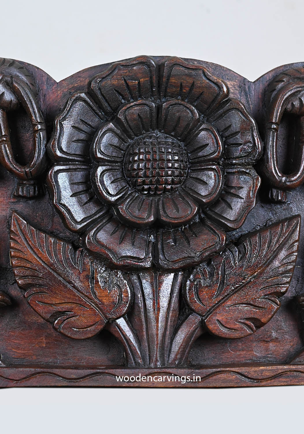 Wood Panel of Single Flower with Elephants & Hamsa Bird 36"