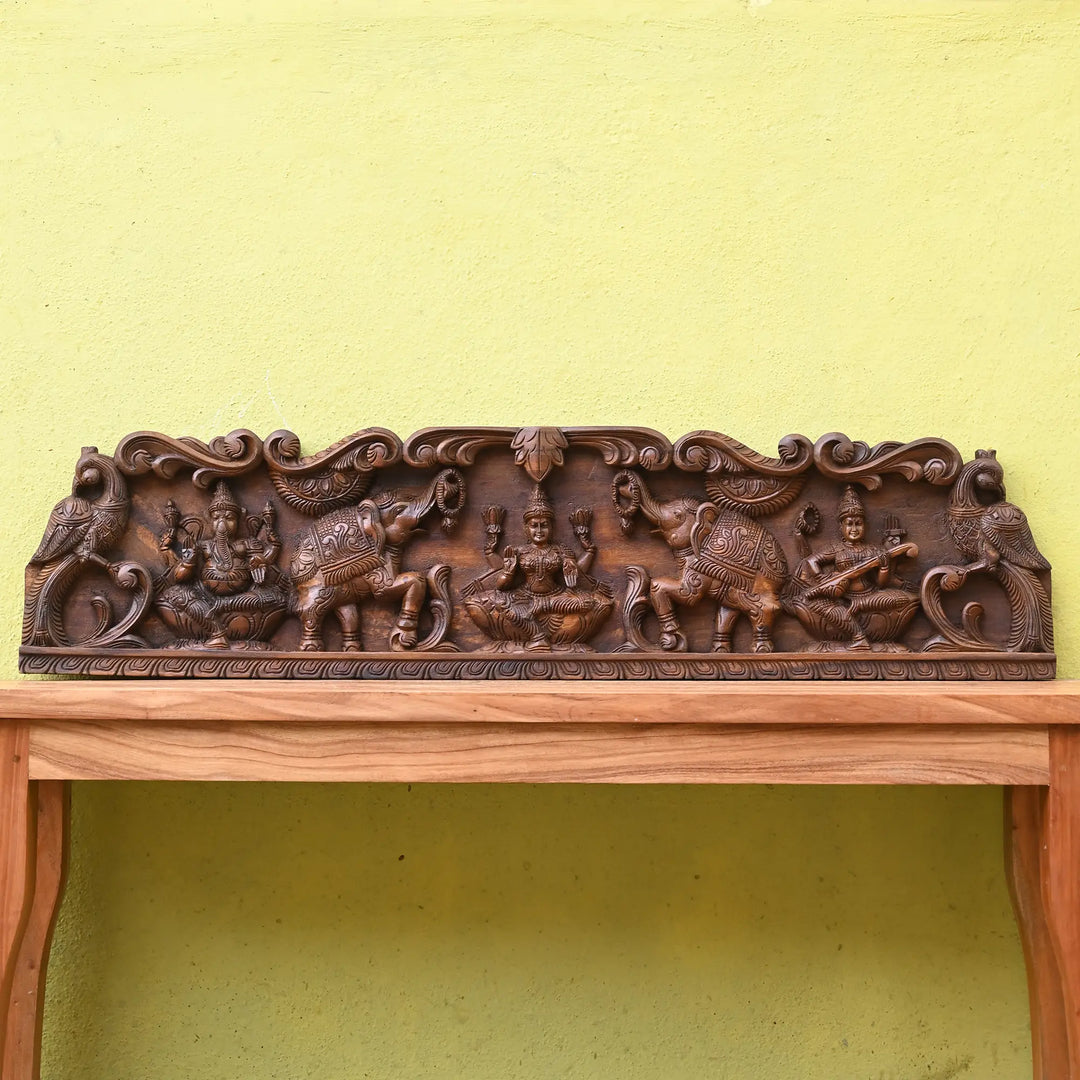  Gajalakshmi Wood carving Panel with floral Design with Peacock