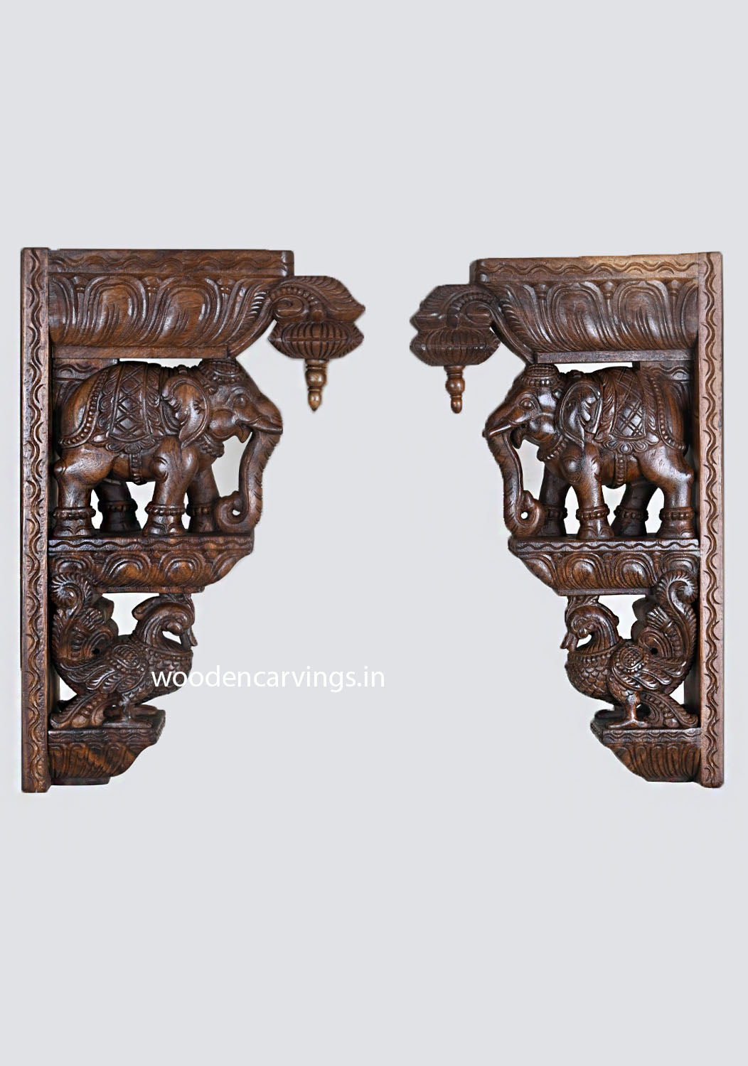 Standing Elephants & Hamsa Bird Wooden Wall Brackets 24"