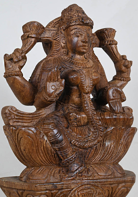 Wood Goddess Wealthy Lakshmi Sculpture 12"