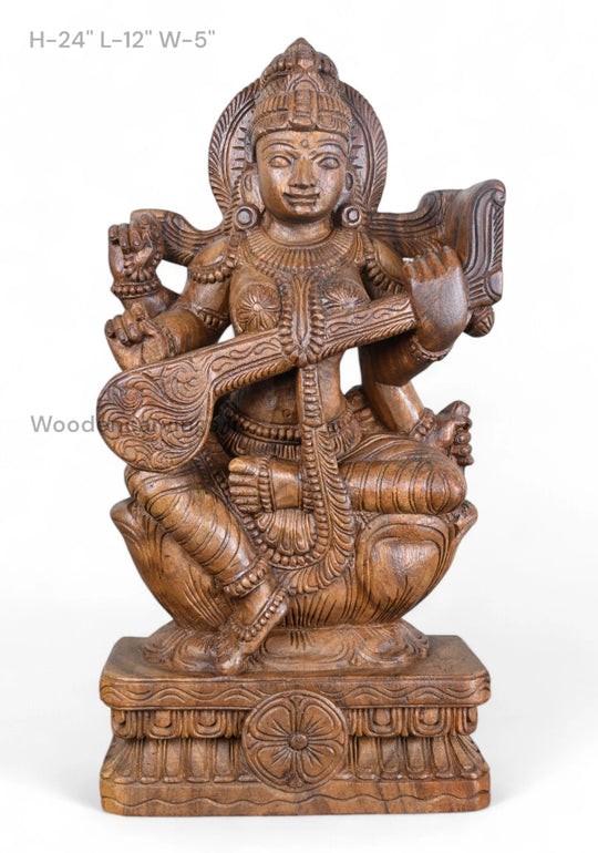 Goddess Saraswathi Handmade Wooden Sculpture 24"