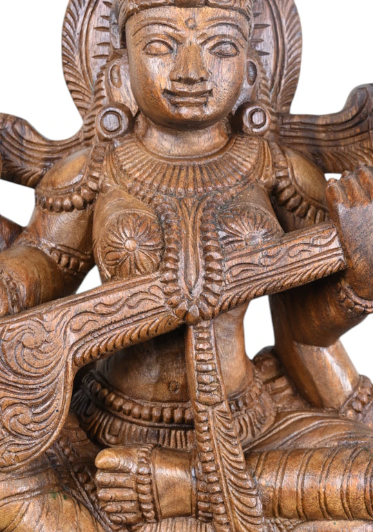 Goddess Saraswathi Handmade Wooden Sculpture 24"