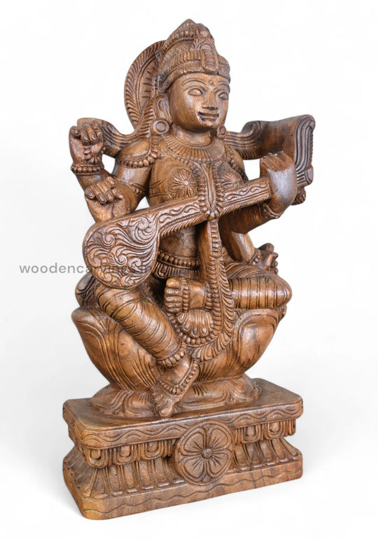 Goddess Saraswathi Handmade Wooden Sculpture 24"