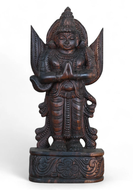 Divine Wood Garuda Greetings pose statue 18"