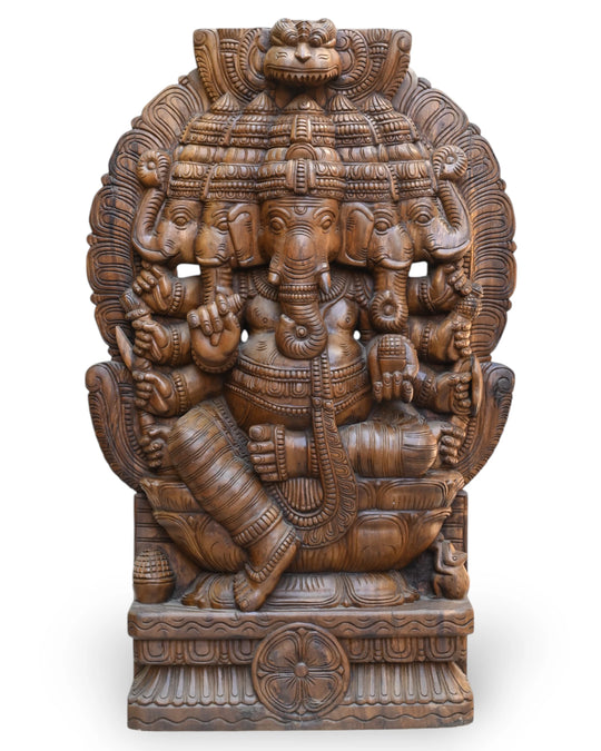 Wooden Panchamukhi Ganesha statue 