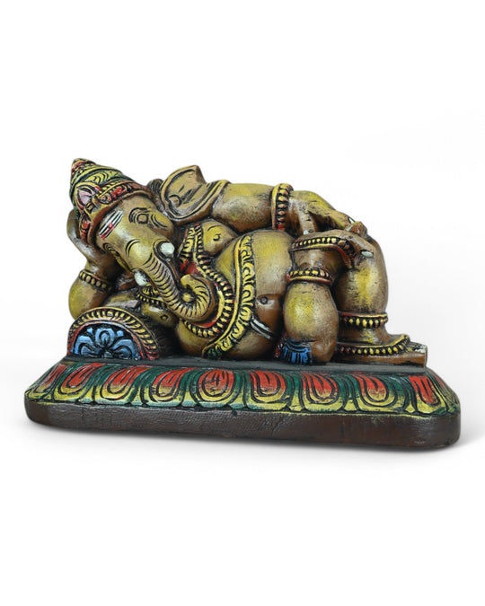 wooden ganpati murti in reclining posture 14"