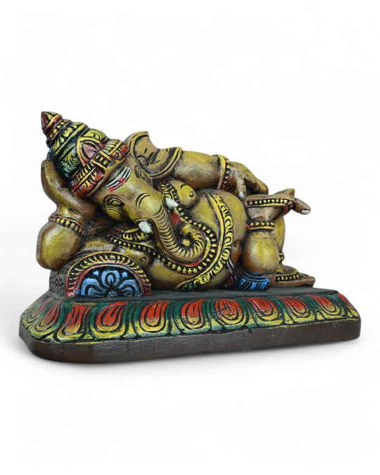 wooden ganpati murti in reclining posture 14"