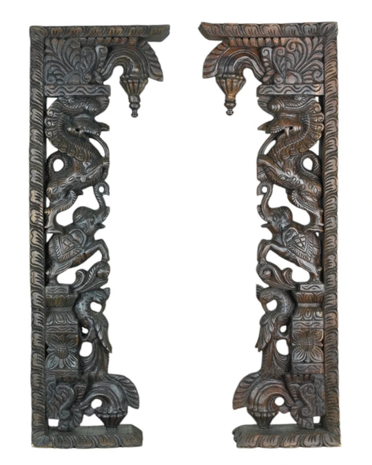 Upraised paired Yali & Elepants Wall Brackets 33"